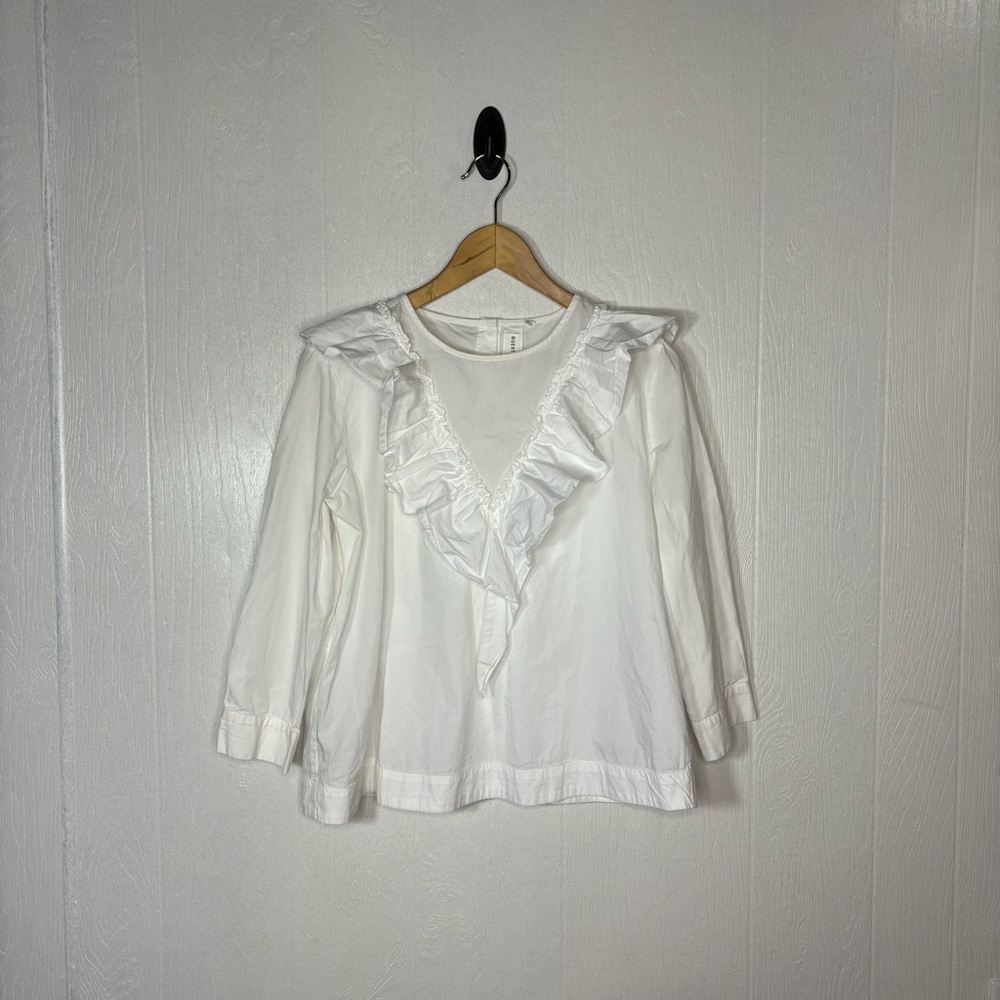 Anthropologie guest editor white long sleeve ruffle detail blouse size medium